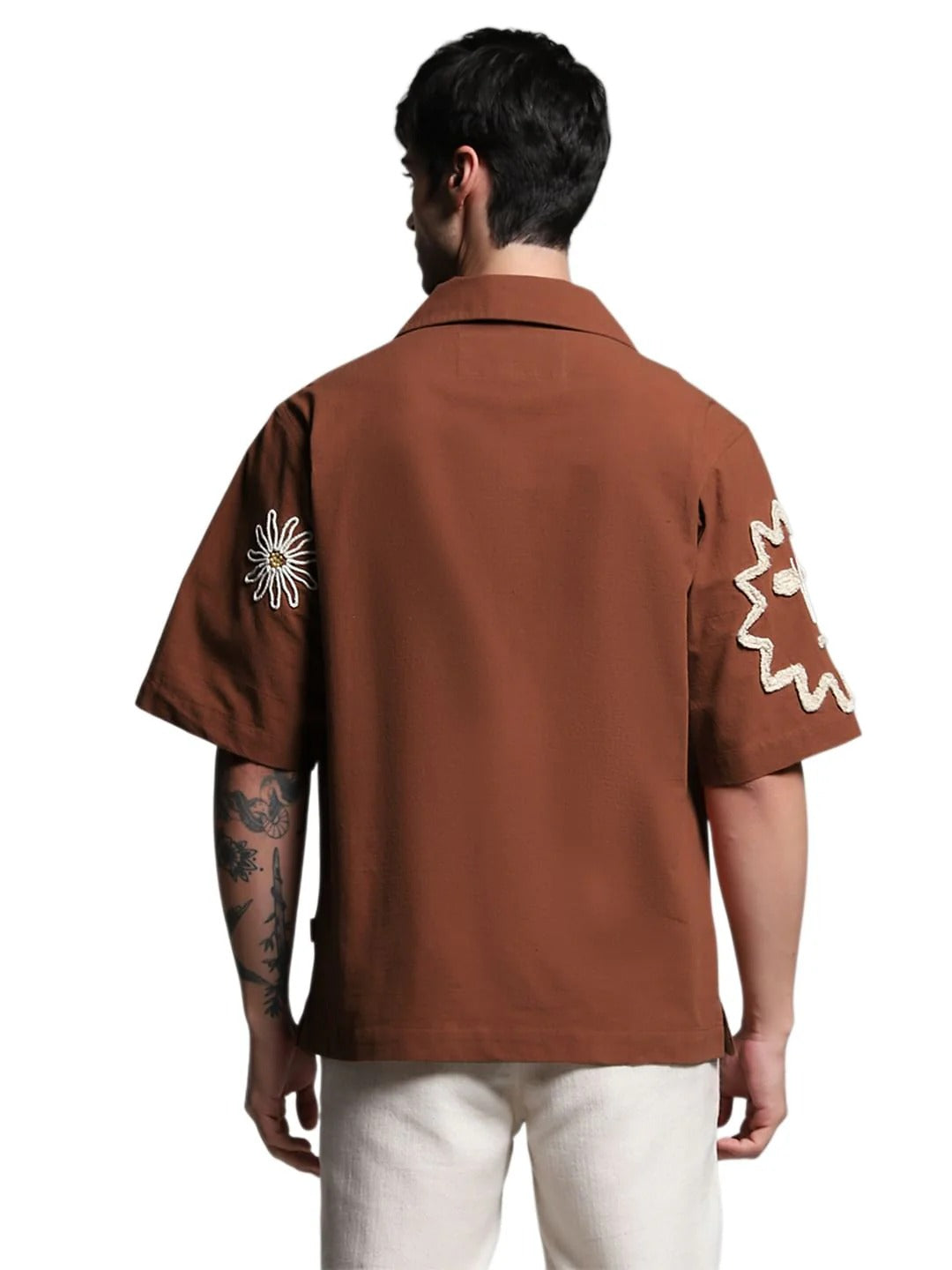 Floxis Men’s Brown Abstract Embroidered Cuban Collar Half Sleeve Casual Shirt