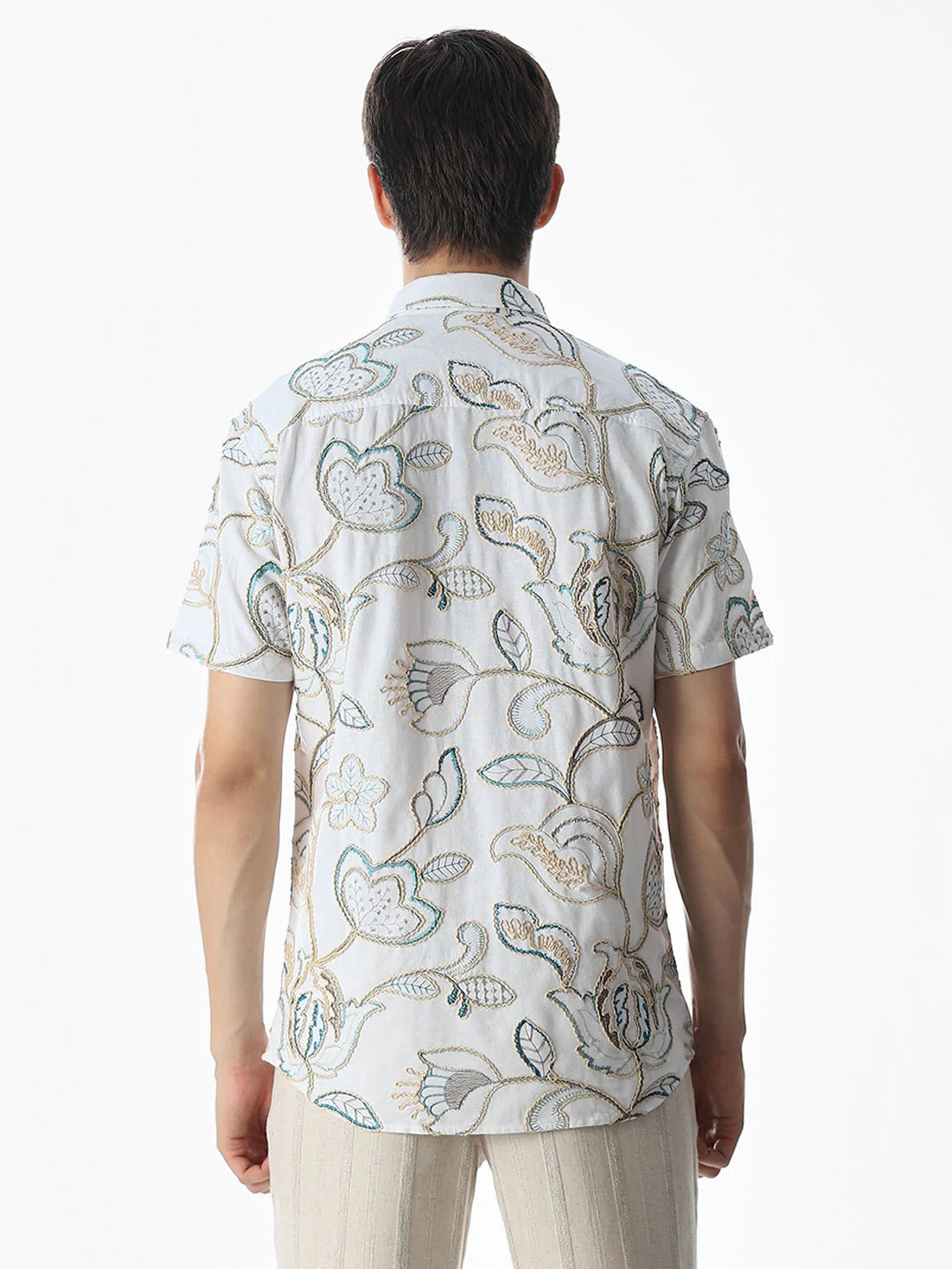 Floxis Men’s White Floral Embroidered Half Sleeve Casual Shirt