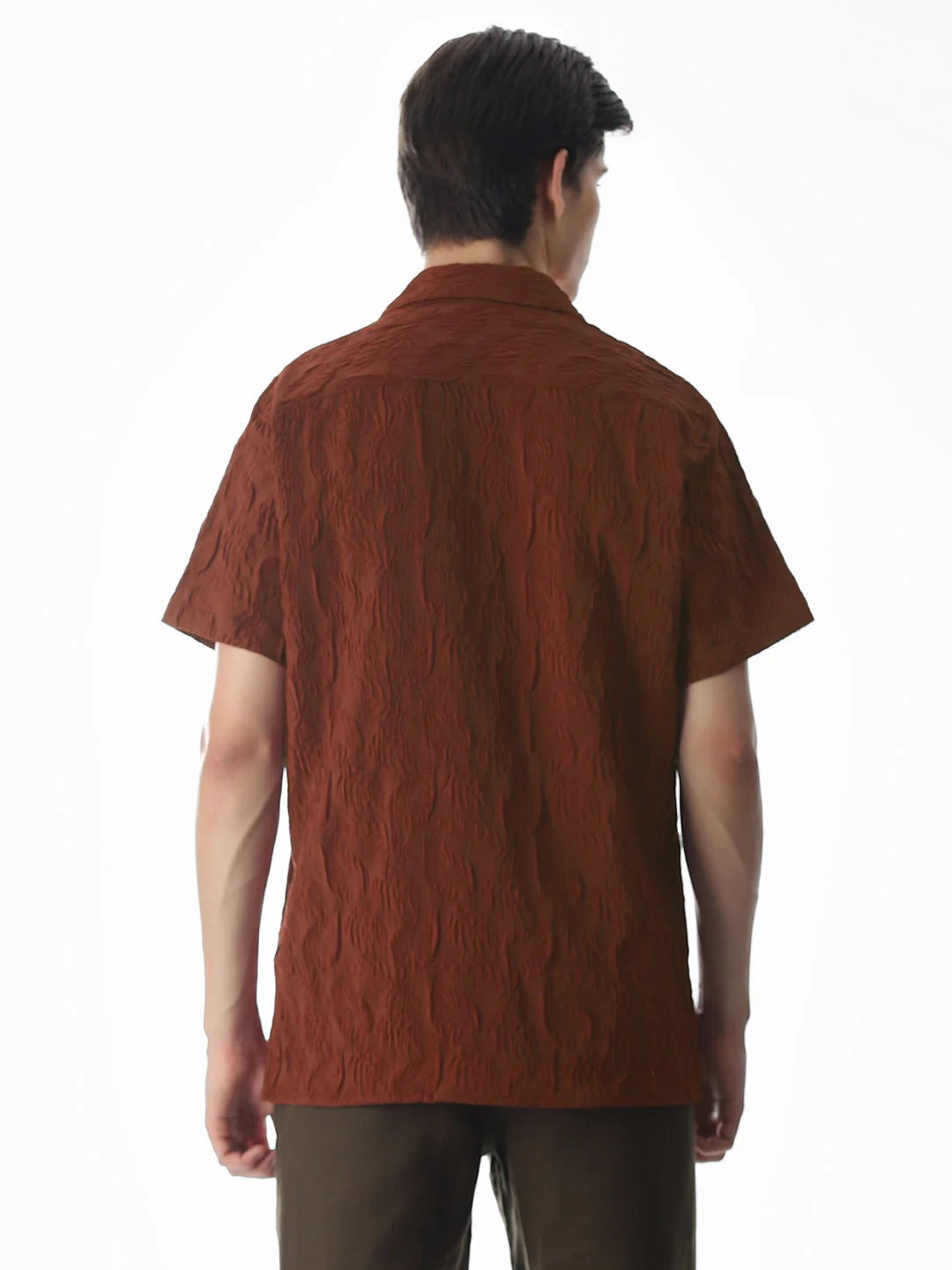 Floxis Men’s Rust Brown Textured Cuban Collar Half Sleeve Casual Shirt