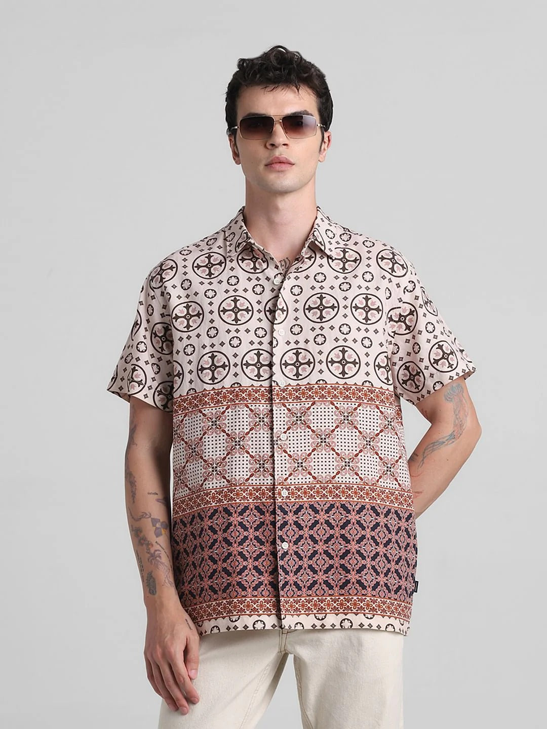 Floxis Men’s Beige Ethnic Geometric Print Half Sleeve Casual Shirt