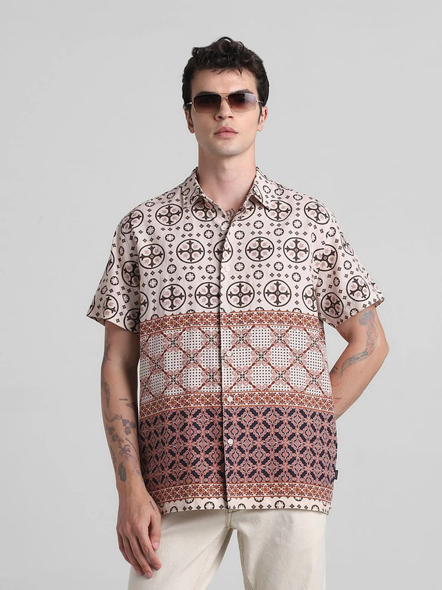 Floxis Men’s Beige Ethnic Geometric Print Half Sleeve Casual Shirt