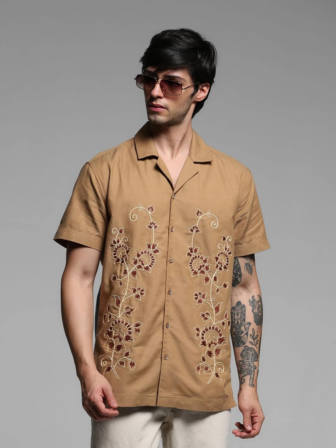 Floxis Men’s Beige Floral Embroidered Cuban Collar Half Sleeve Casual Shirt