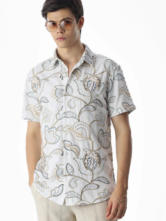 Floxis Men’s White Floral Embroidered Half Sleeve Casual Shirt
