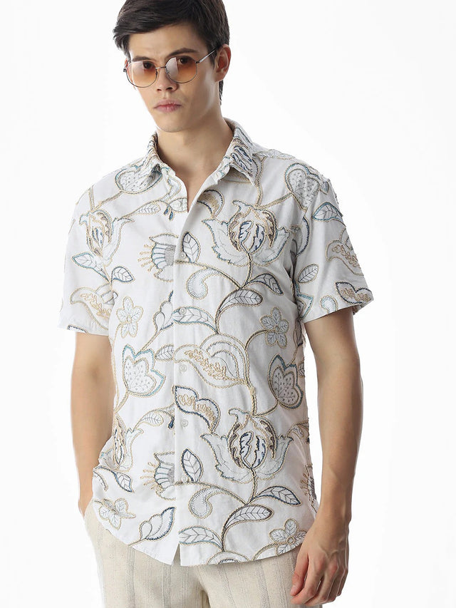 Floxis Men’s White Floral Embroidered Half Sleeve Casual Shirt