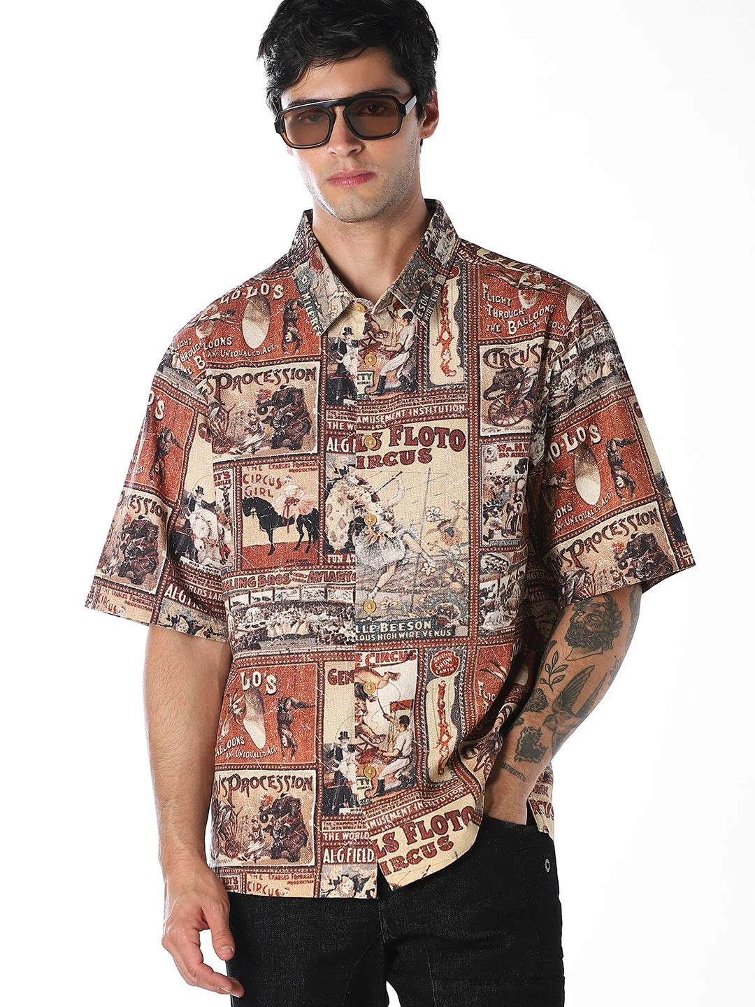 Floxis Men’s Vintage Circus Graphic Print Half Sleeve Casual Shirt