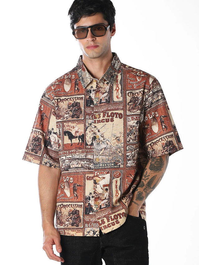 Floxis Men’s Vintage Circus Graphic Print Half Sleeve Casual Shirt
