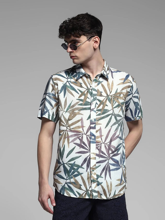 Floxis Men’s White Tropical Leaf Print Half Sleeve Casual Shirt