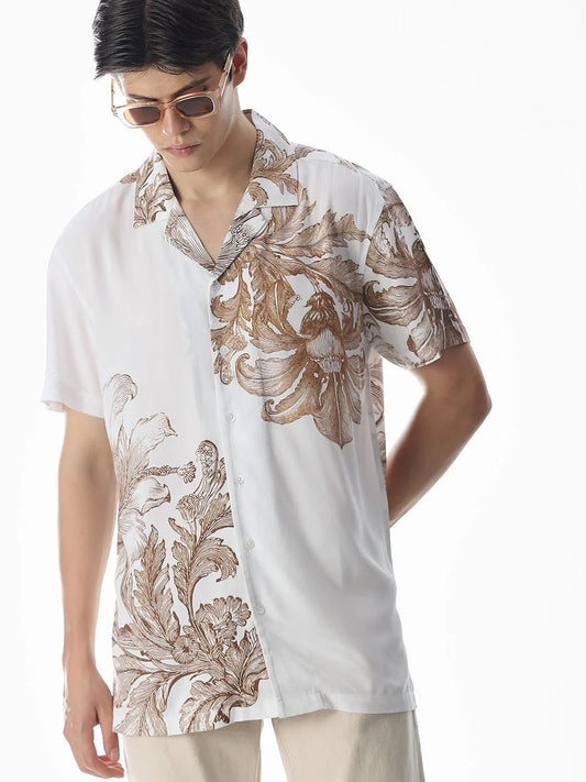 Floxis Men’s White Floral Baroque Print Cuban Collar Half Sleeve Casual Shirt