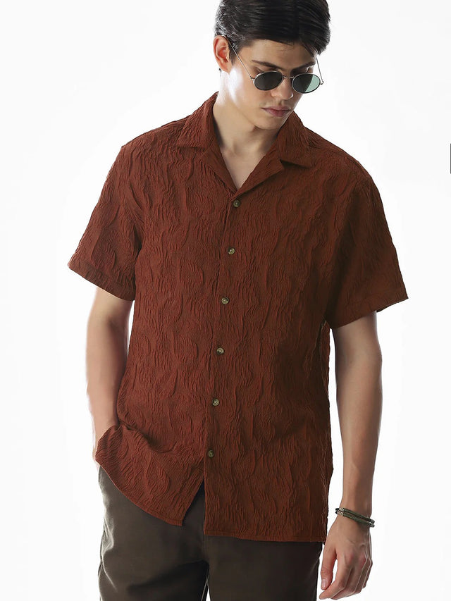 Floxis Men’s Rust Brown Textured Cuban Collar Half Sleeve Casual Shirt