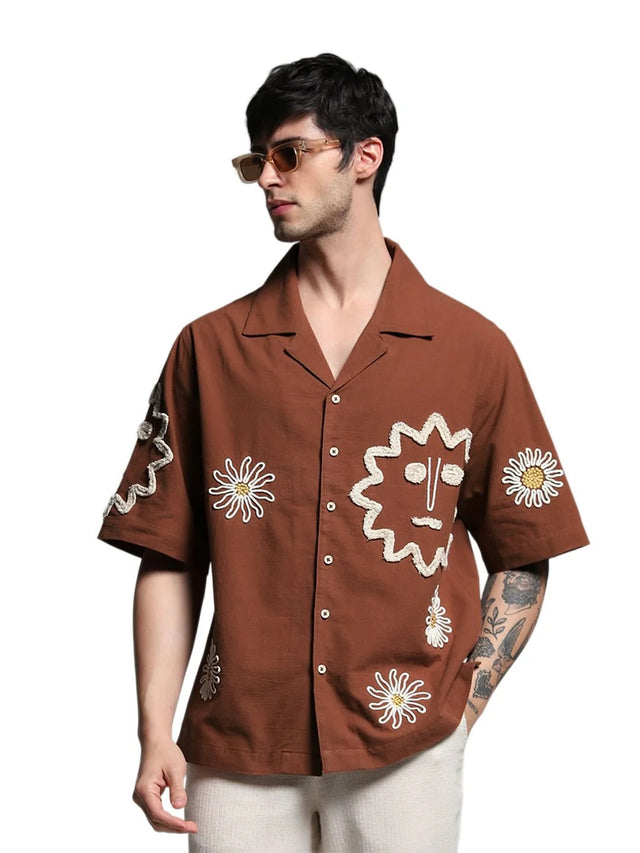 Floxis Men’s Brown Abstract Embroidered Cuban Collar Half Sleeve Casual Shirt
