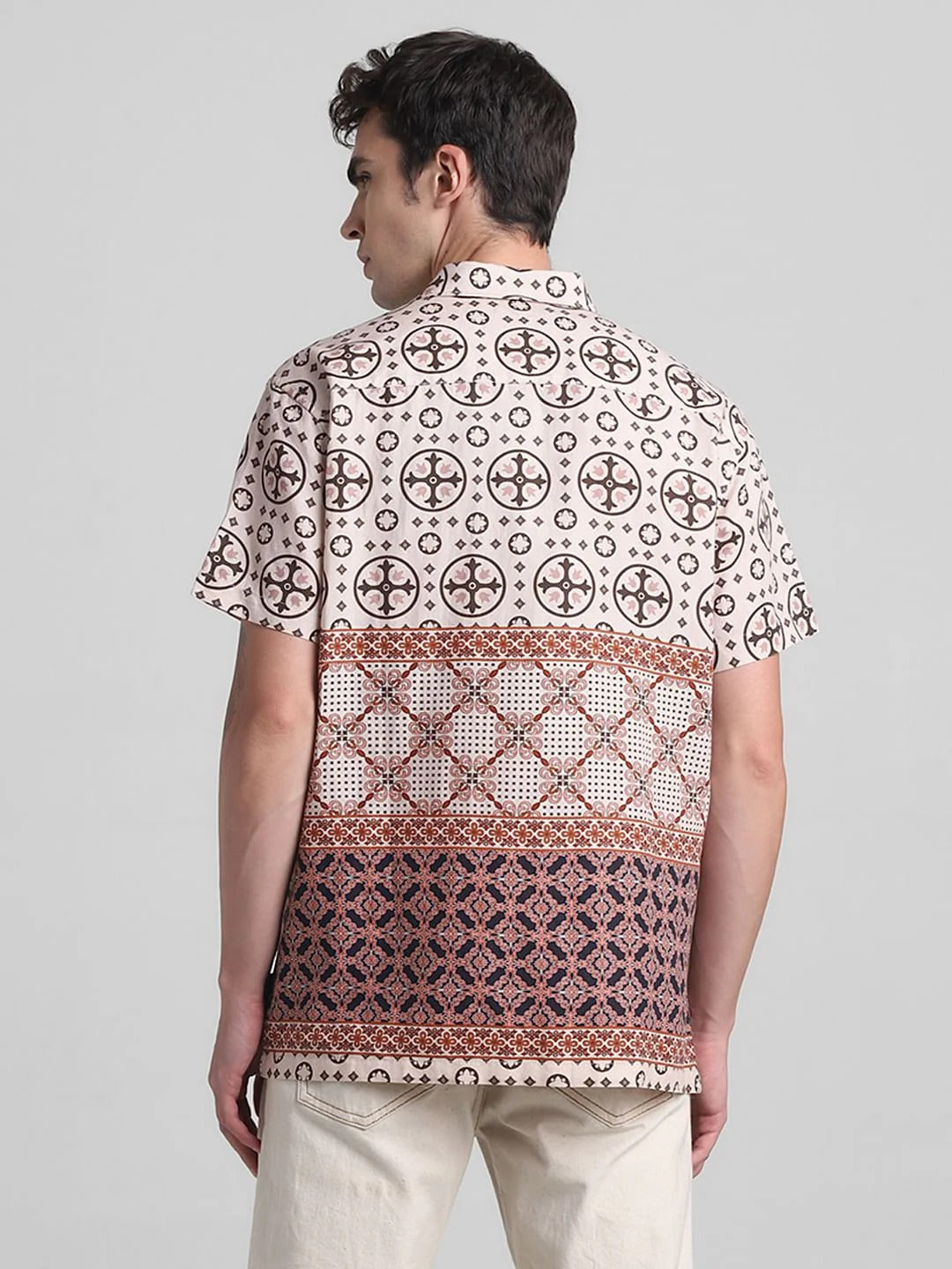 Floxis Men’s Beige Ethnic Geometric Print Half Sleeve Casual Shirt