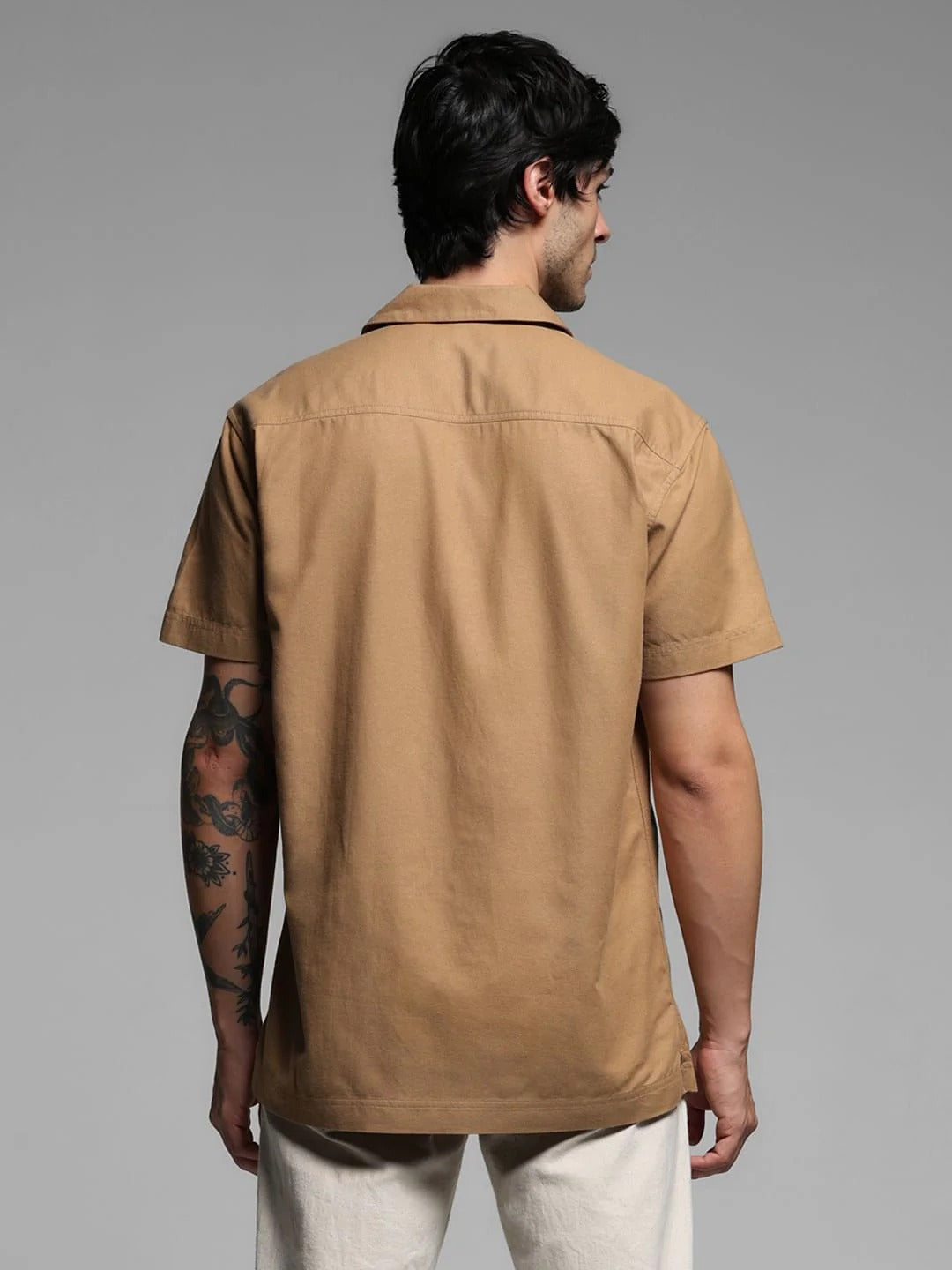 Floxis Men’s Beige Floral Embroidered Cuban Collar Half Sleeve Casual Shirt