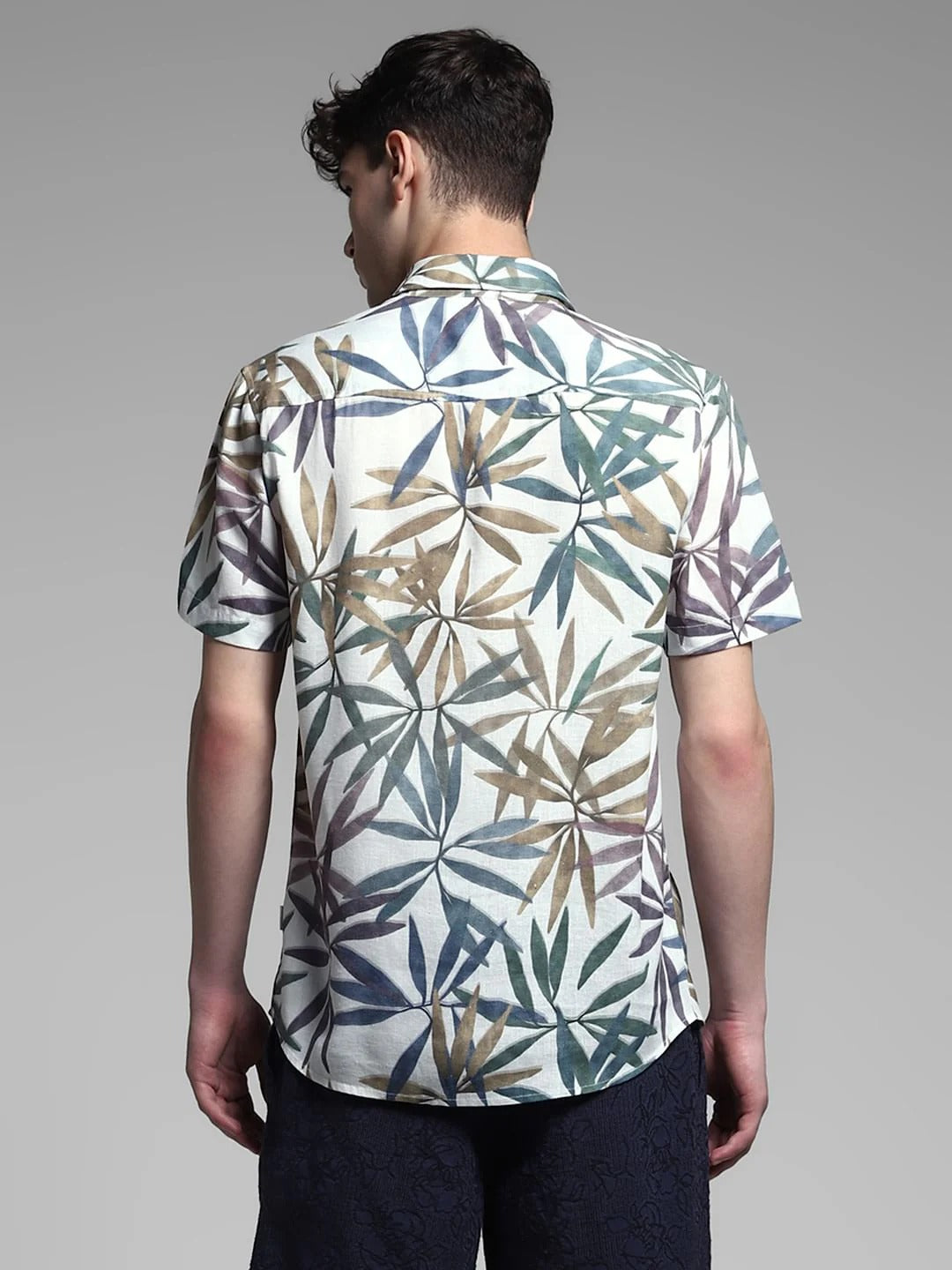 Floxis Men’s White Tropical Leaf Print Half Sleeve Casual Shirt