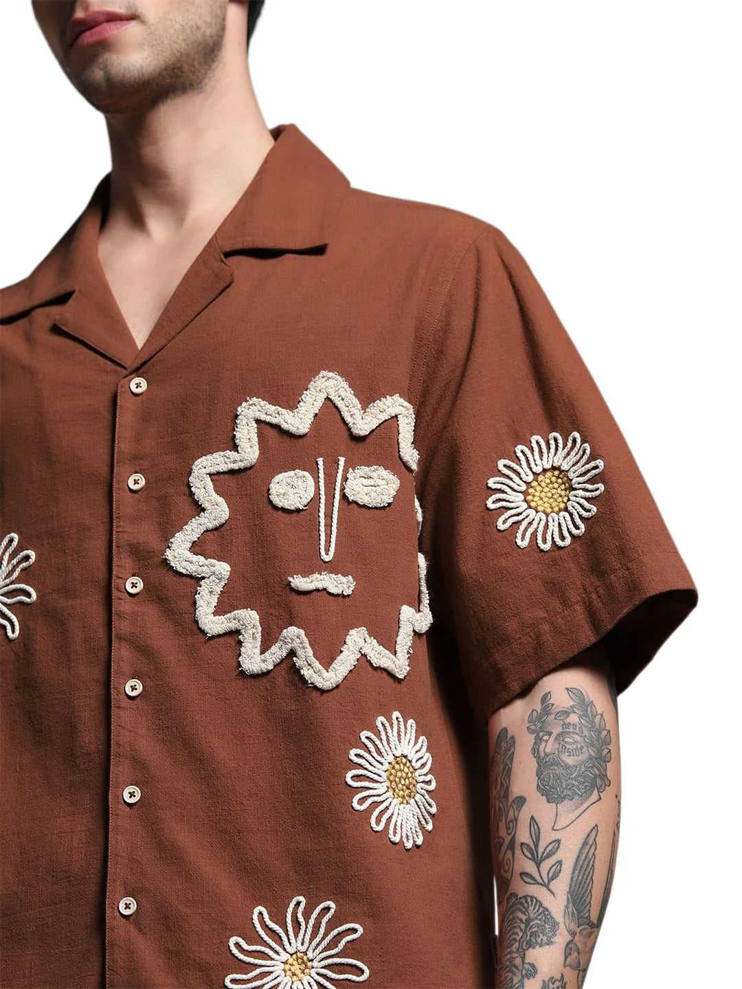 Floxis Men’s Brown Abstract Embroidered Cuban Collar Half Sleeve Casual Shirt